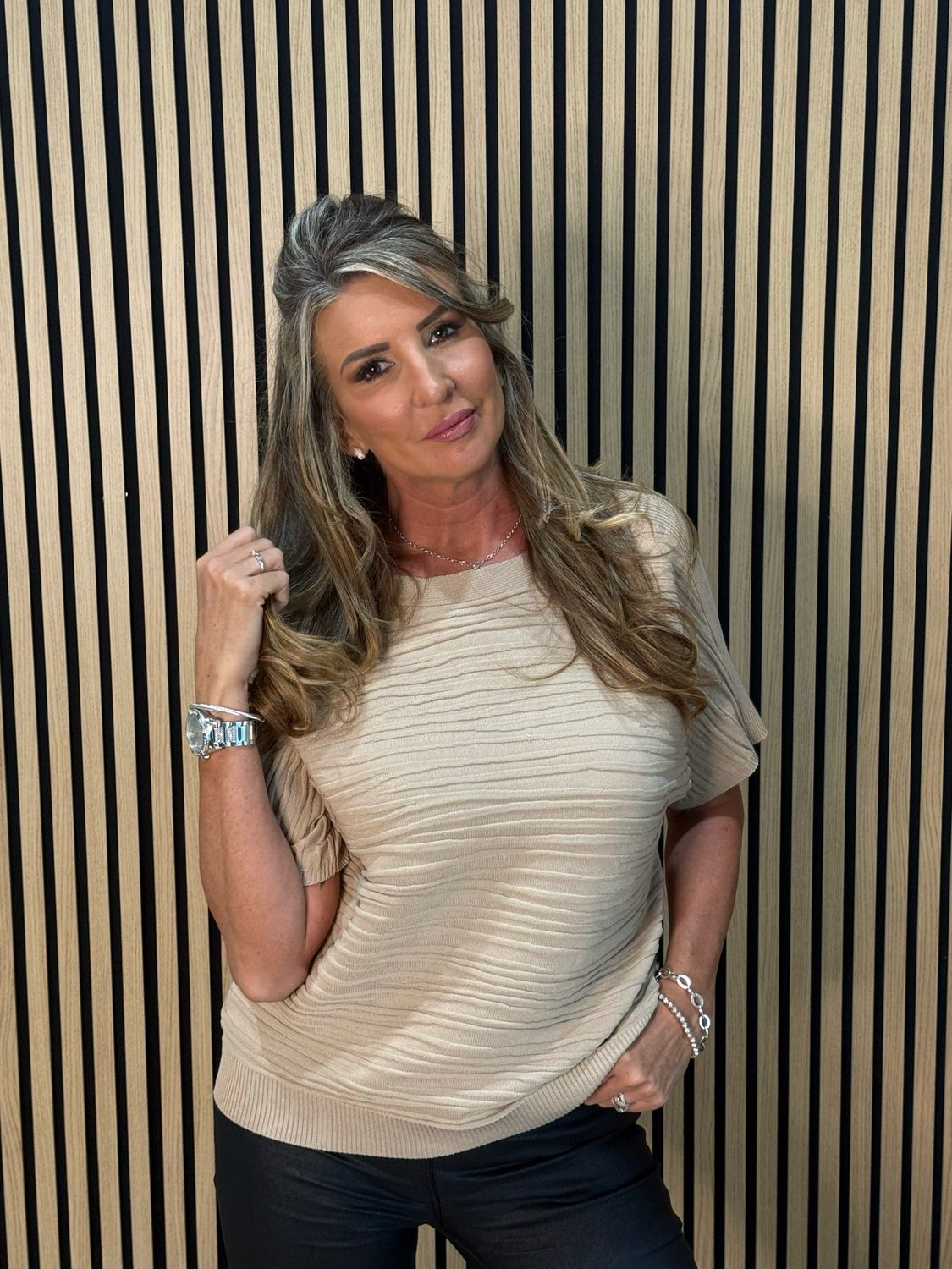 Textured Short Sleeve Knit Top - Beige