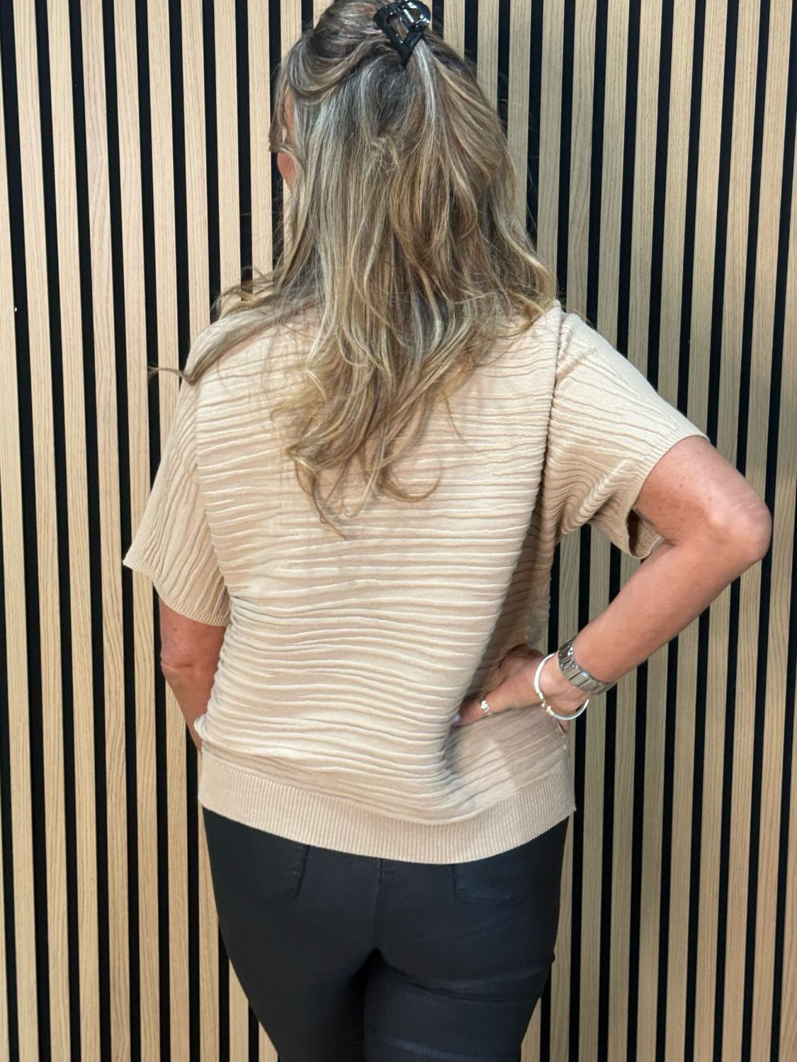 Textured Short Sleeve Knit Top - Beige