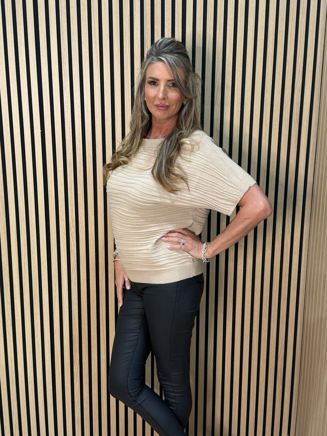 Textured Short Sleeve Knit Top - Beige