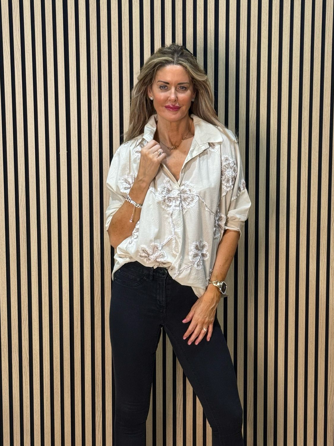 Embroidered Cotton Shirt - Beige