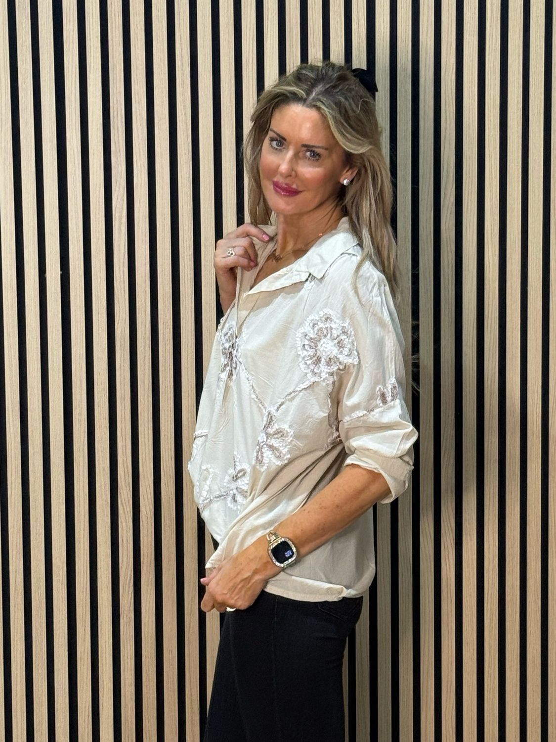 Embroidered Cotton Shirt - Beige