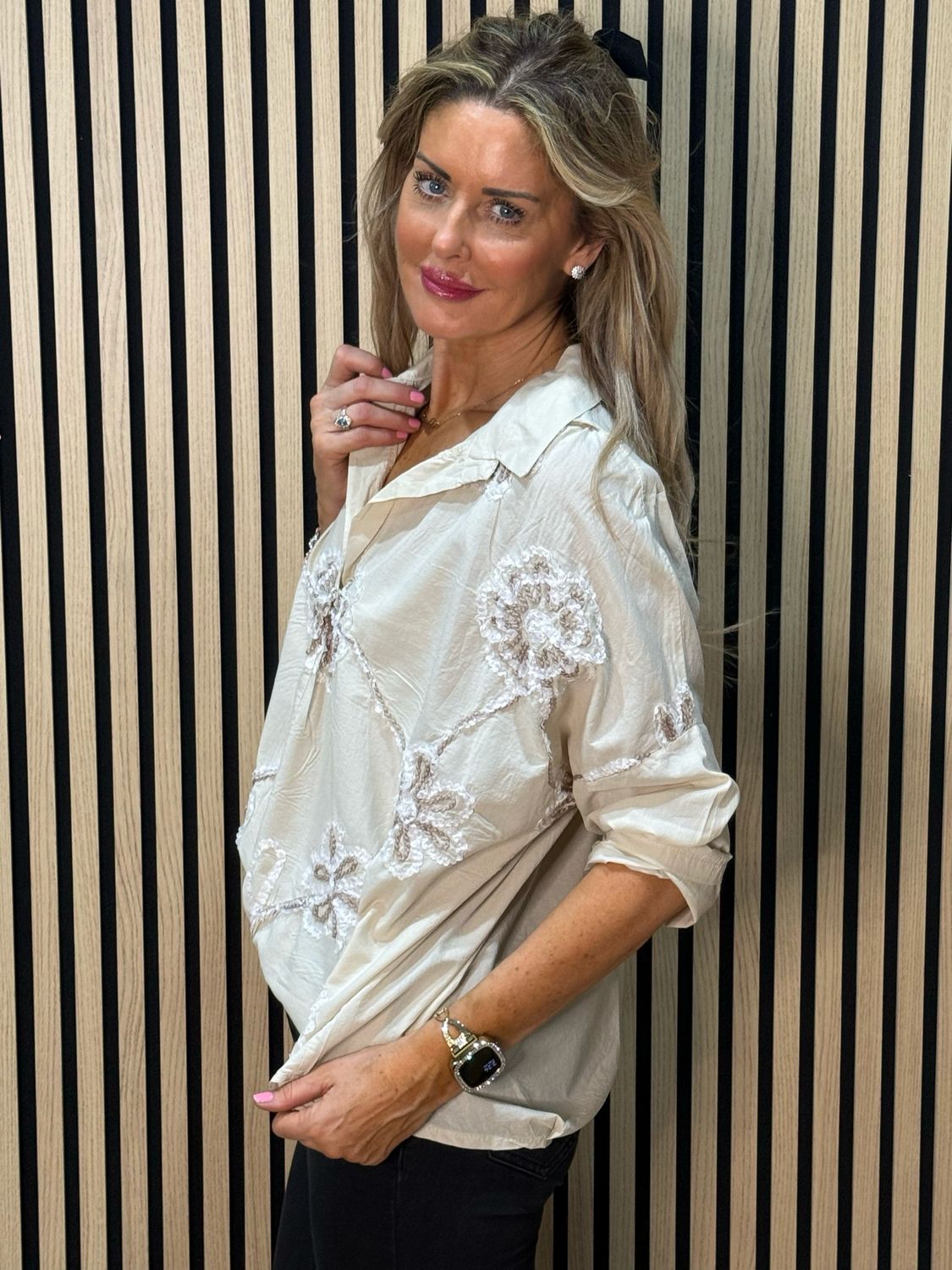 Embroidered Cotton Shirt - Beige