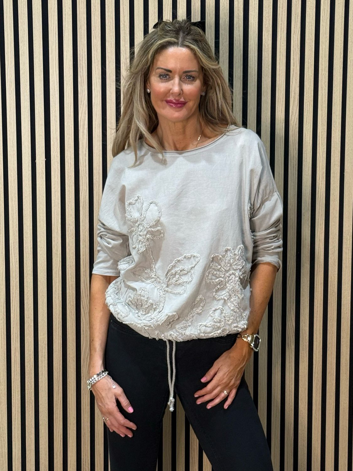 Embroidered Cotton Drawstring Top - Taupe