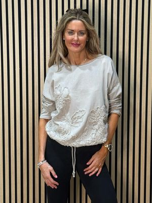 Embroidered Cotton Drawstring Top - Taupe