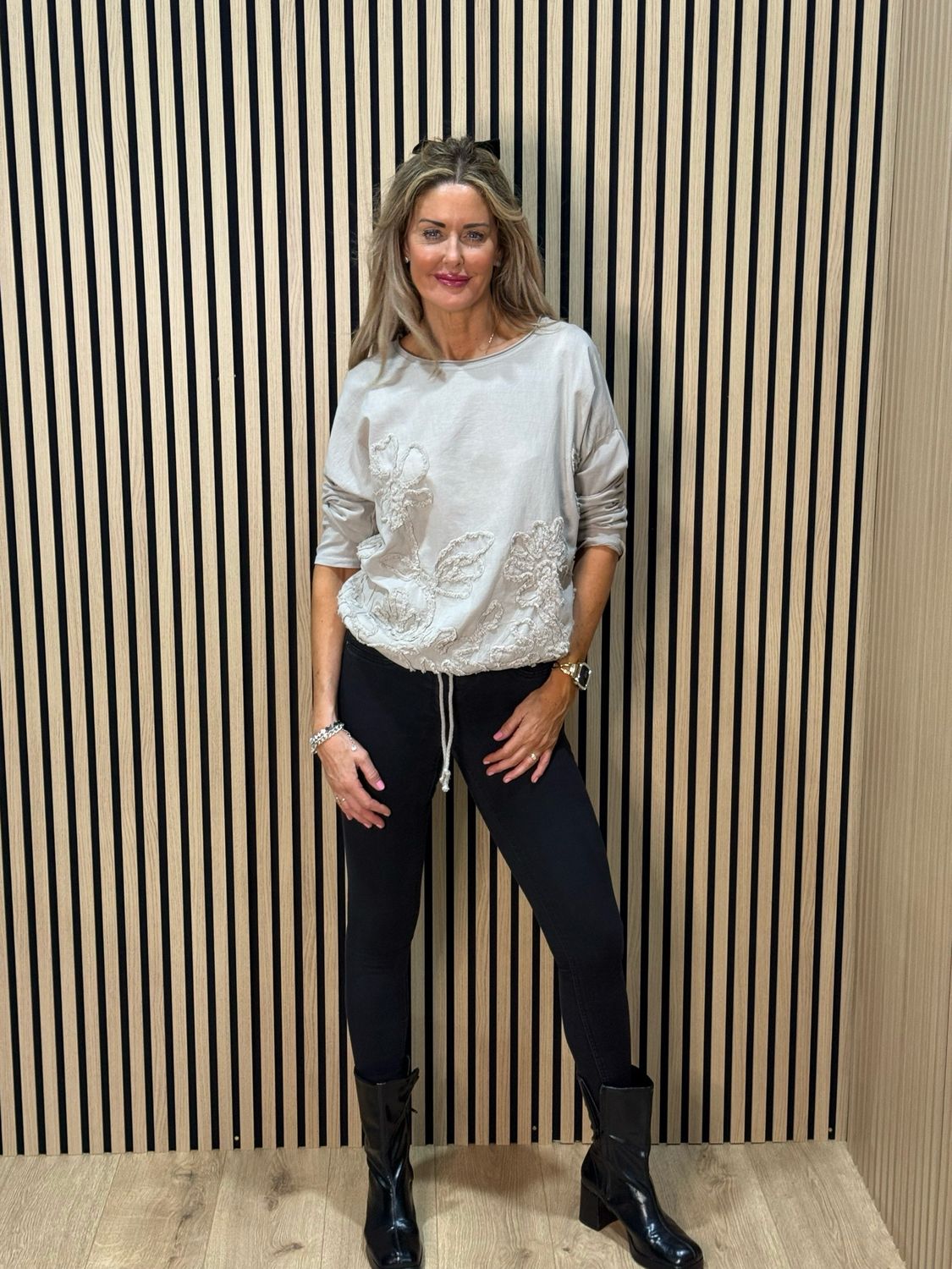 Embroidered Cotton Drawstring Top - Taupe