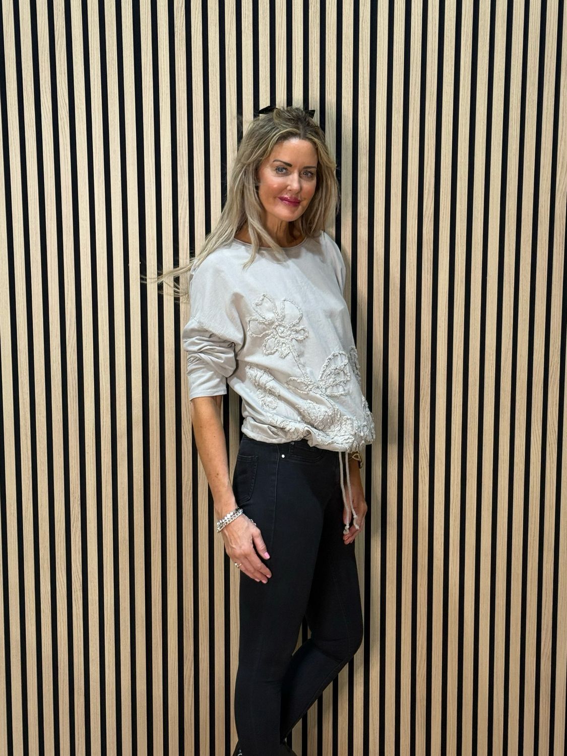 Embroidered Cotton Drawstring Top - Taupe