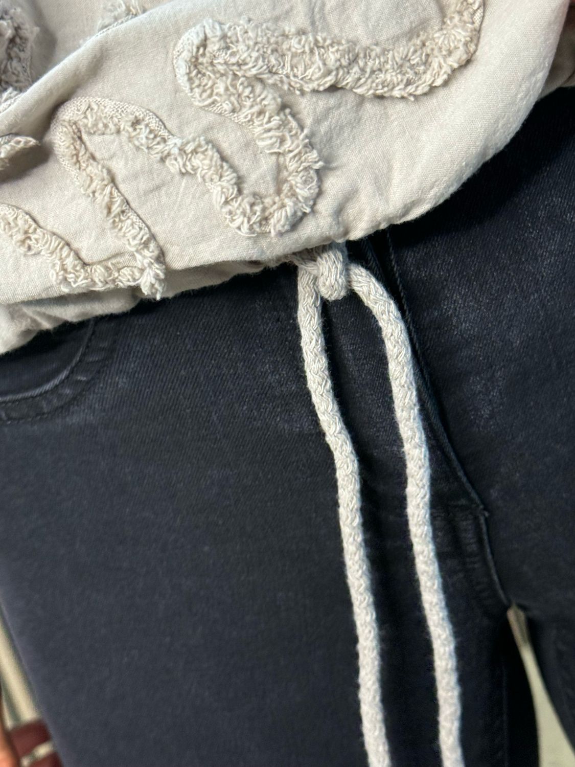 Embroidered Cotton Drawstring Top - Taupe