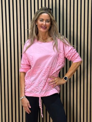 Embroidered Cotton Drawstring Top - Pink