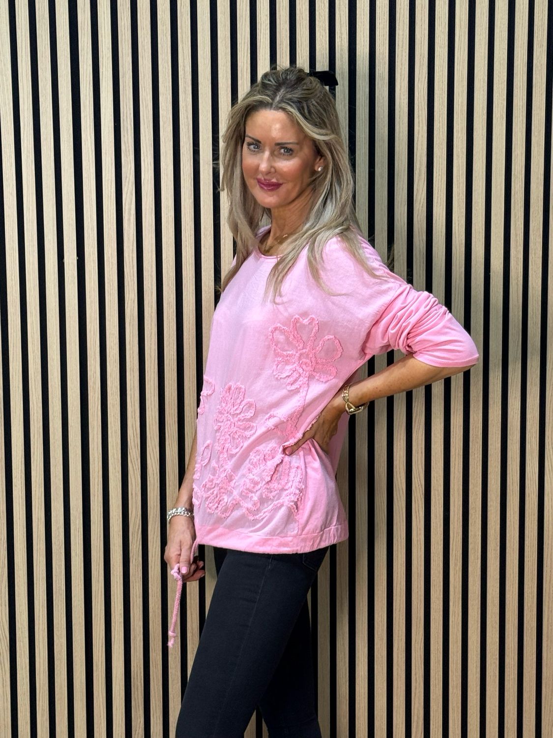 Embroidered Cotton Drawstring Top - Pink