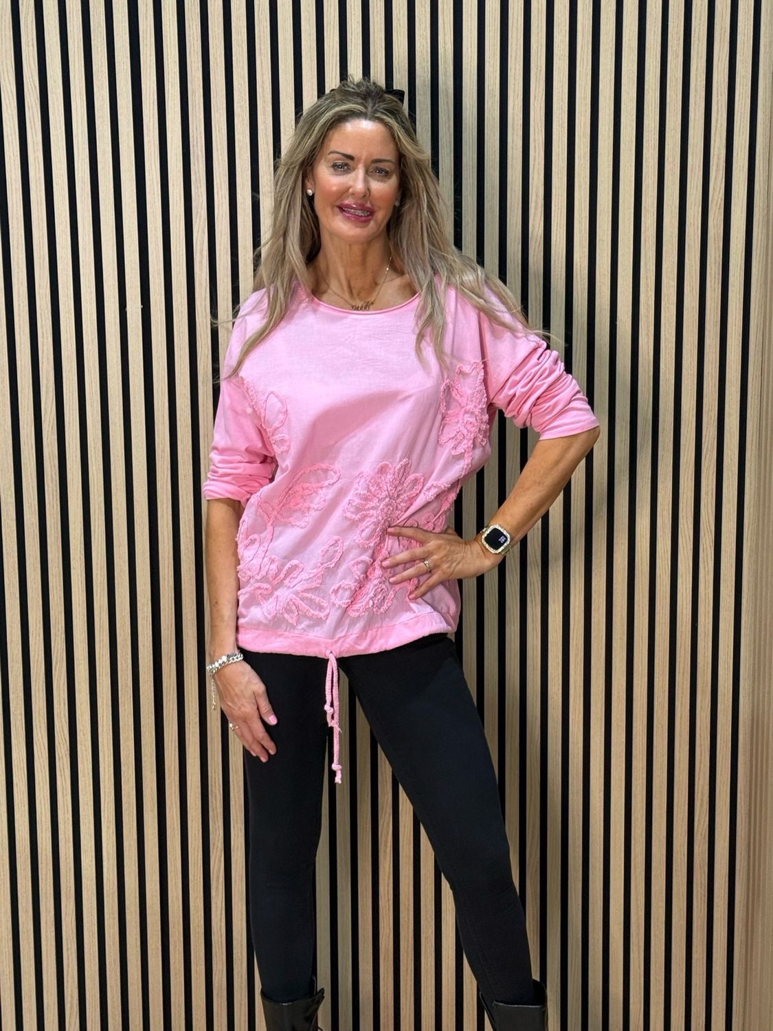 Embroidered Cotton Drawstring Top - Pink