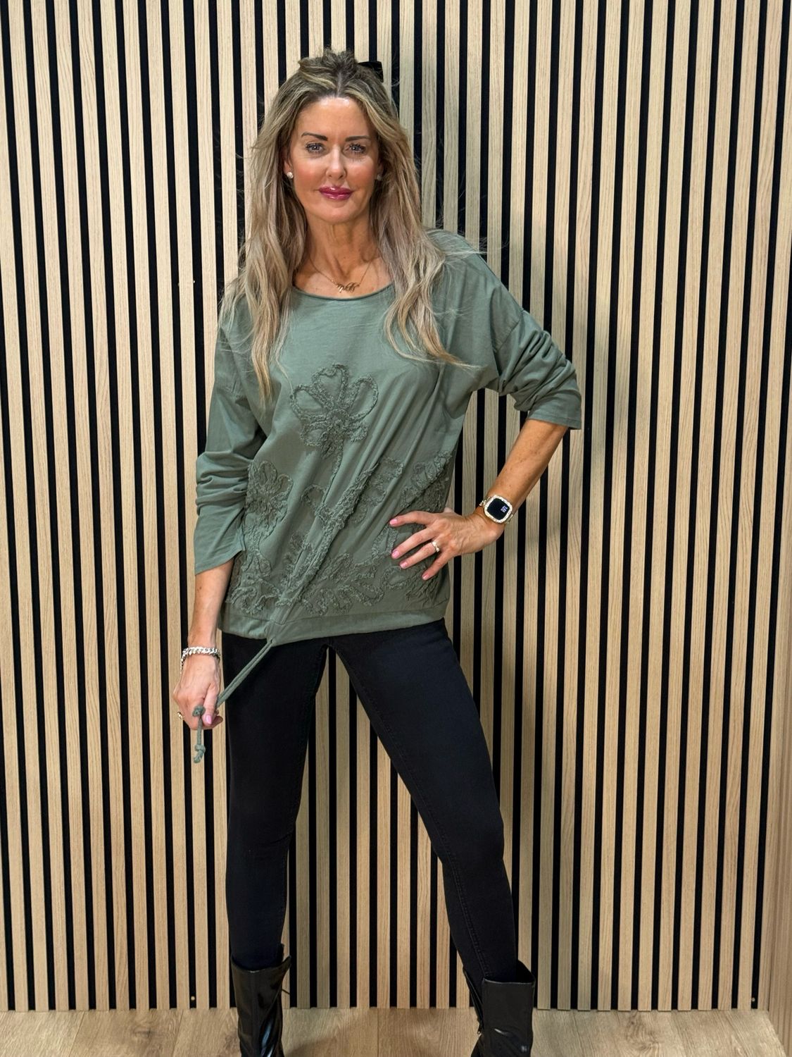 Embroidered Cotton Drawstring Top - Khaki