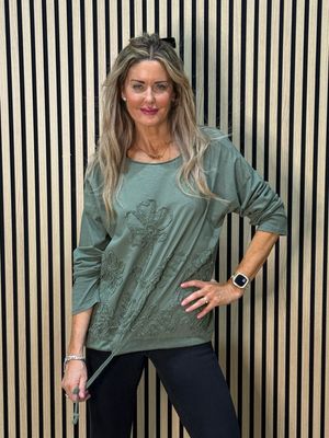 Embroidered Cotton Drawstring Top - Khaki