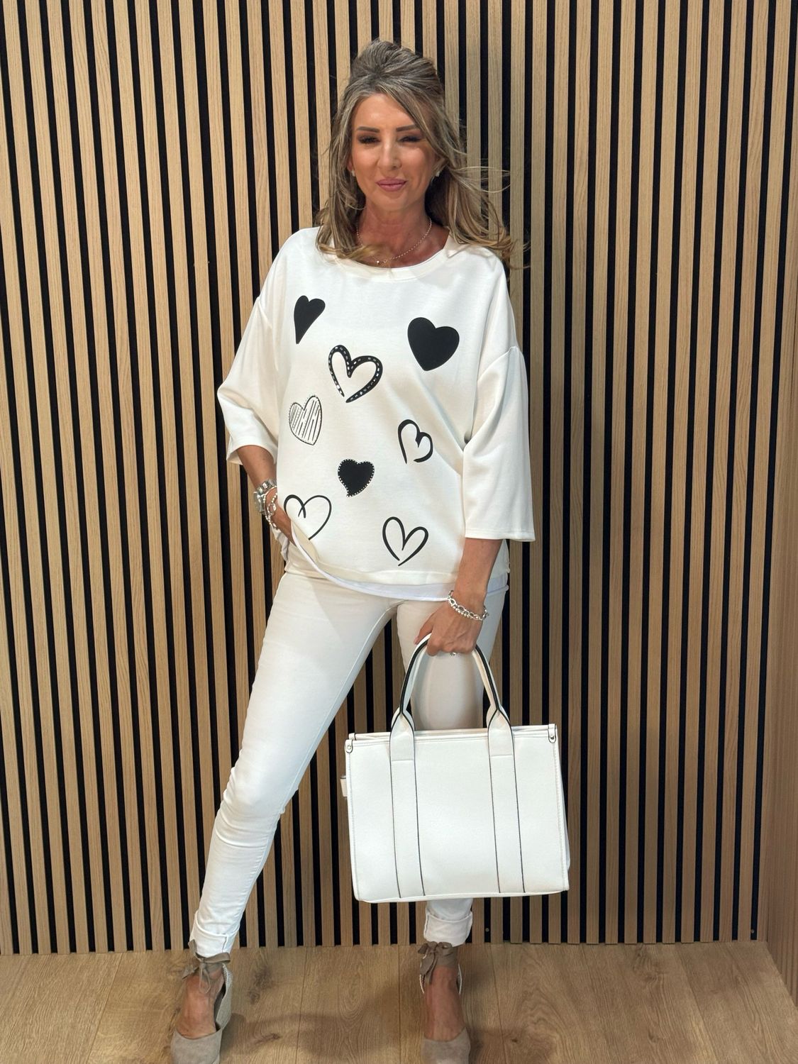 Heart Print Oversized Top - White