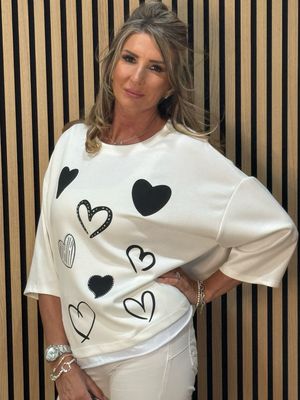 Heart Print Oversized Top - White
