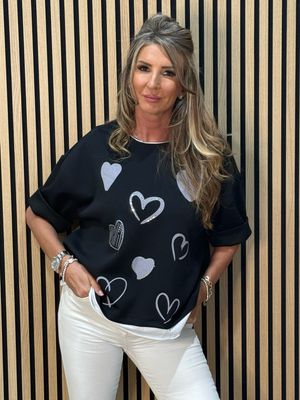 Heart Print Oversized Top - Black