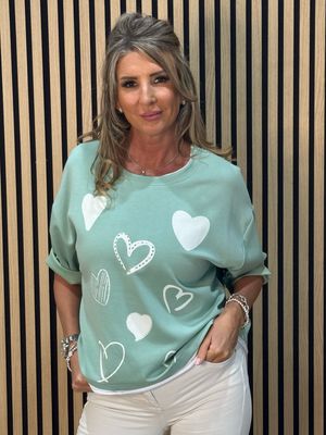 Heart Print Oversized Top - Mint
