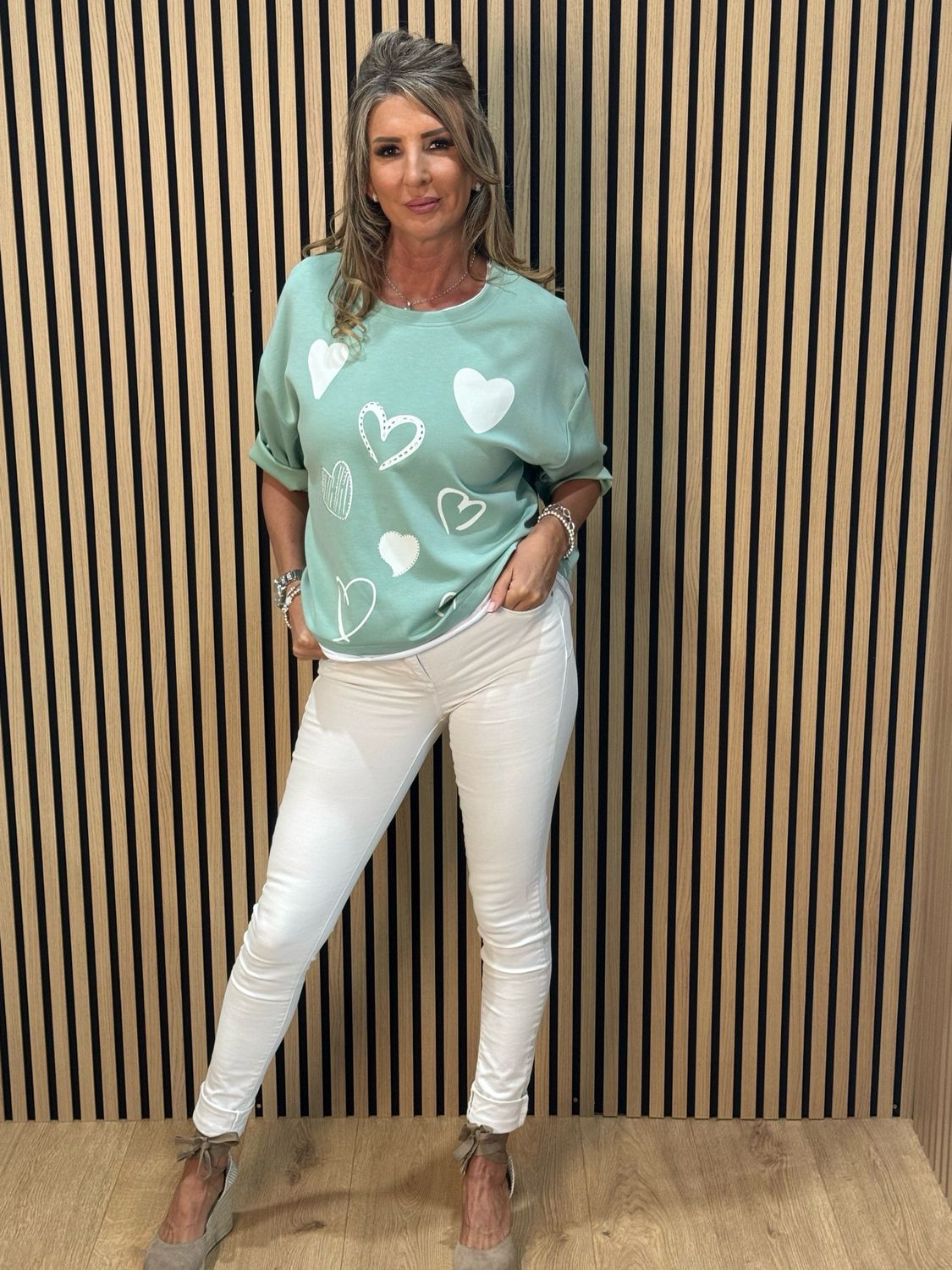 Heart Print Oversized Top - Mint