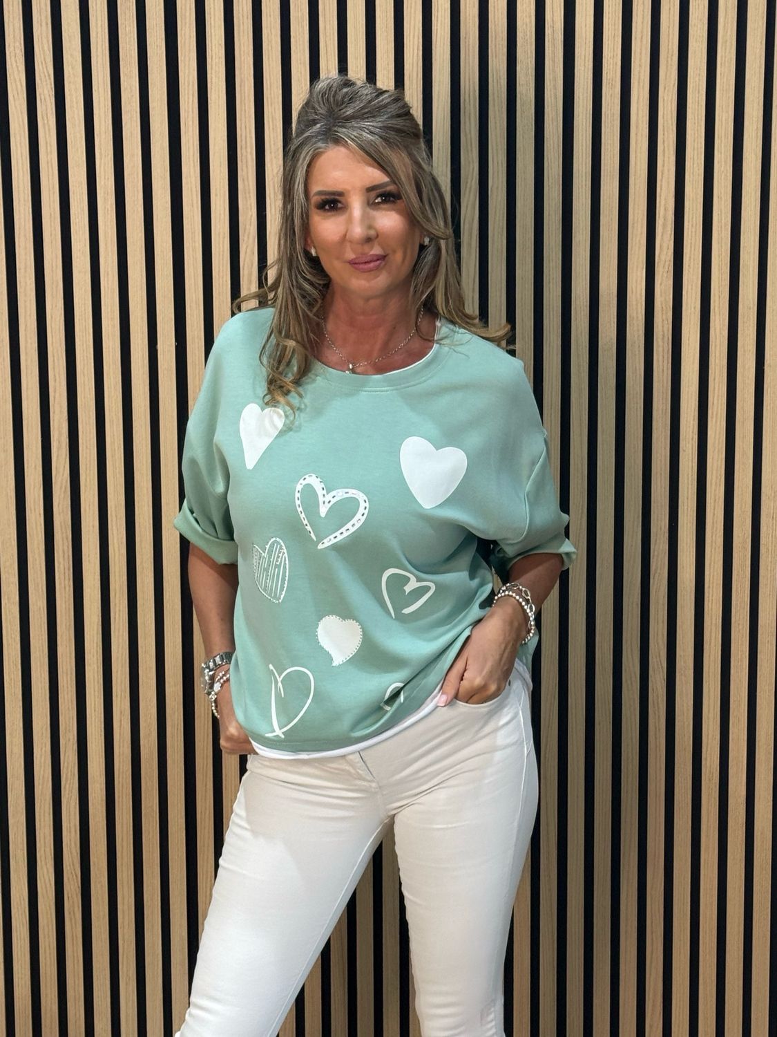 Heart Print Oversized Top - Mint