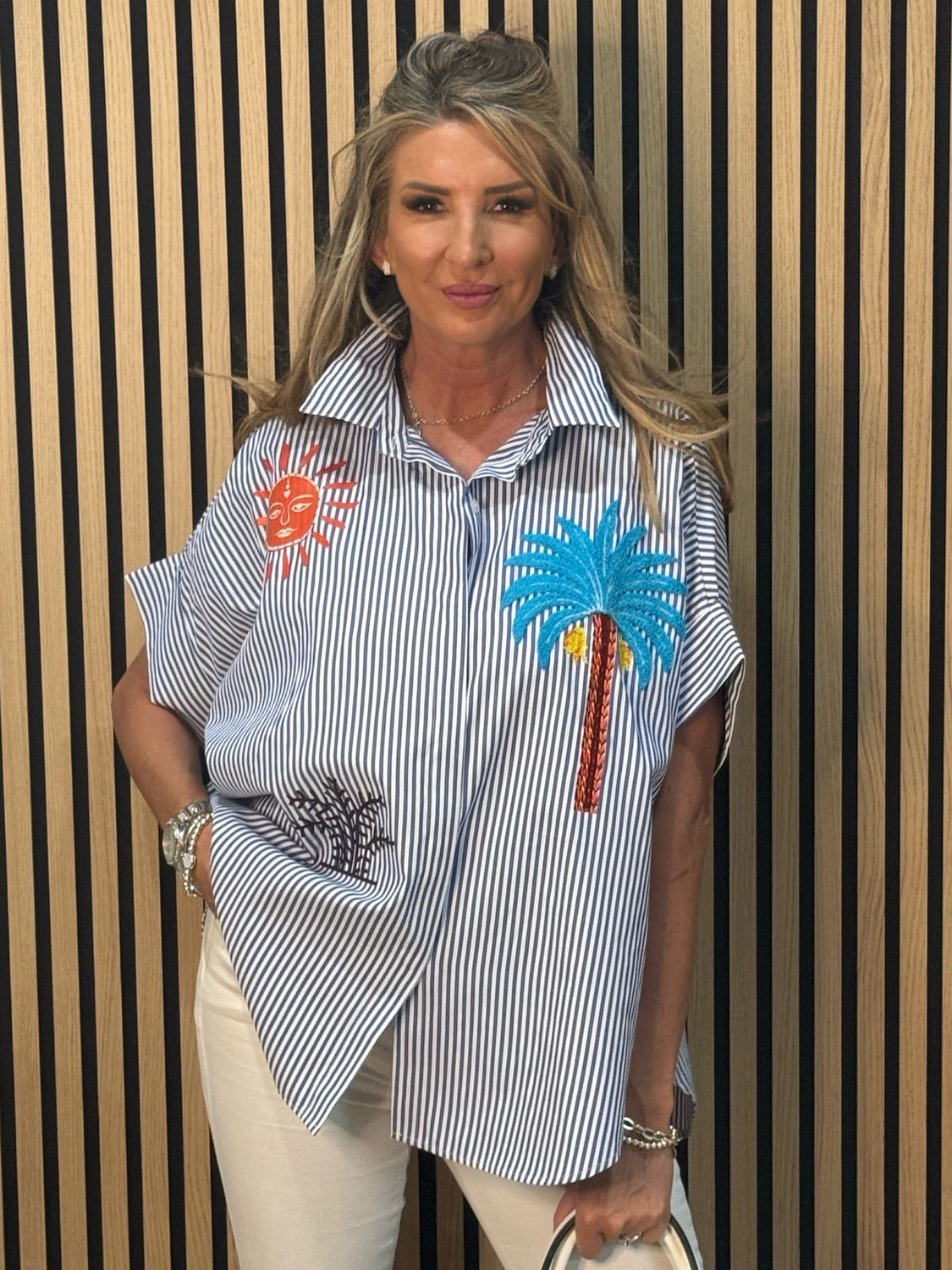 Sorrento Palm Stripe Shirt - Blue/White