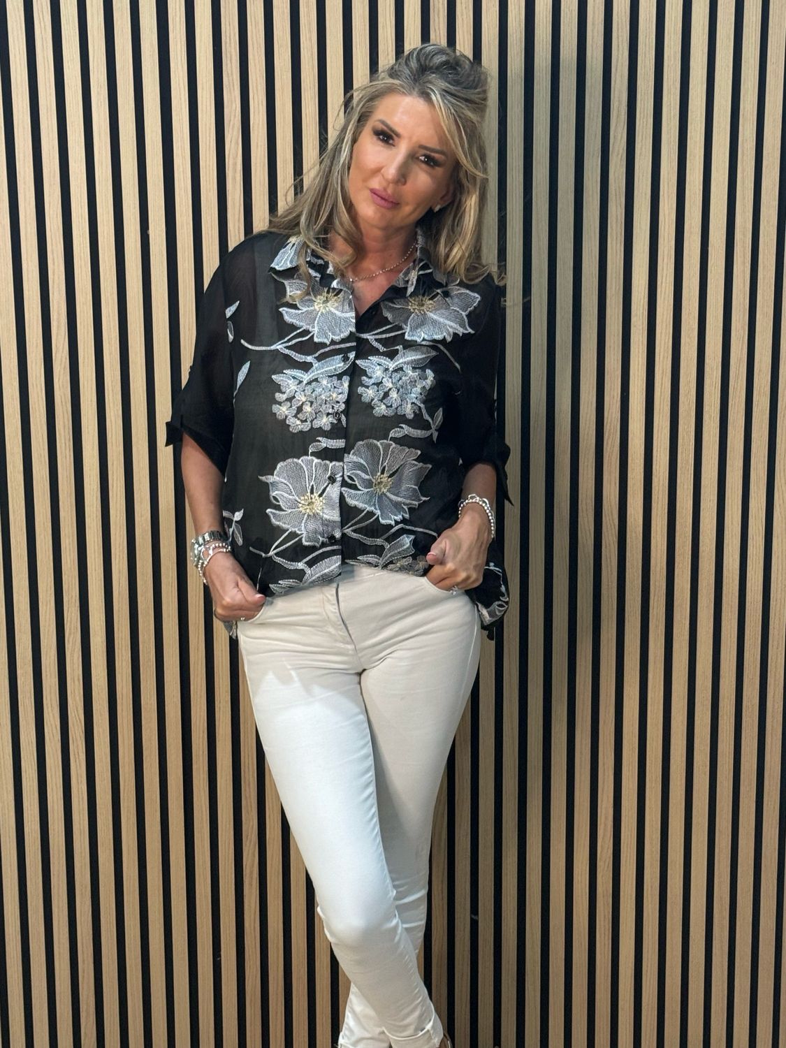 Embroidered Sheer Floral Shirt - Black