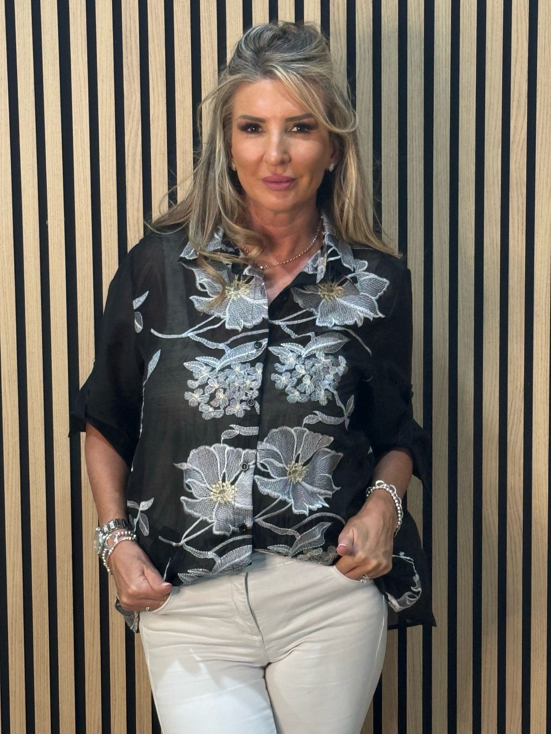 Embroidered Sheer Floral Shirt - Black