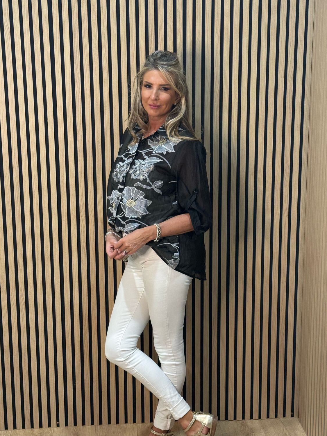 Embroidered Sheer Floral Shirt - Black