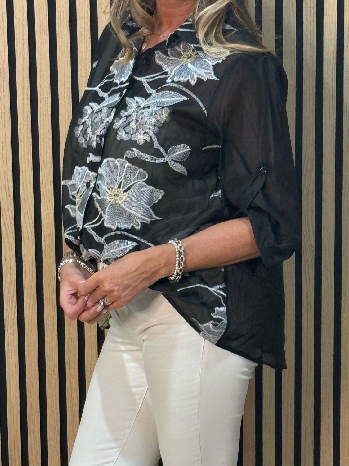 Embroidered Sheer Floral Shirt - Black