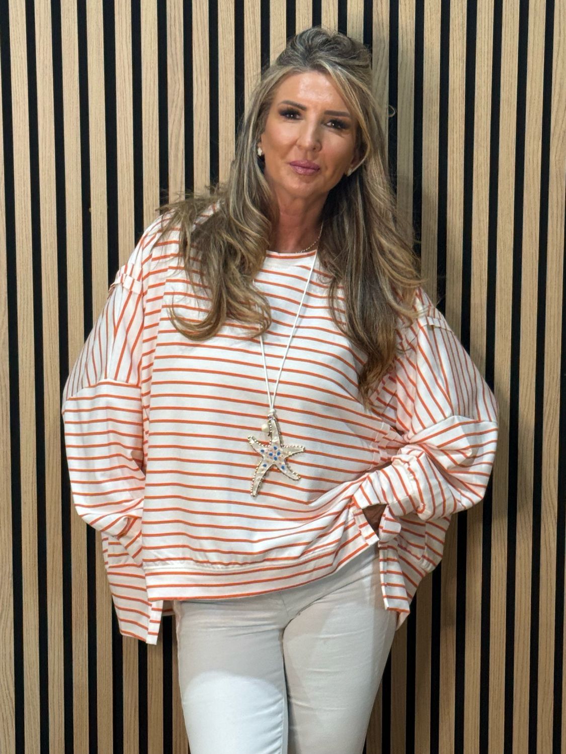 Oversized Cotton Stripe Top - White/Orange