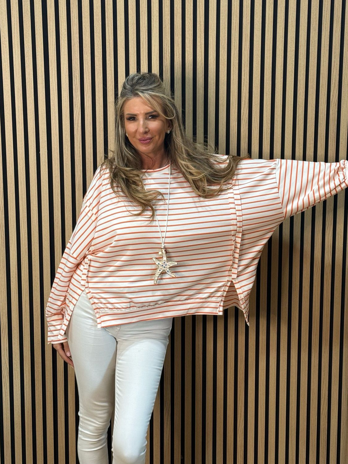 Oversized Cotton Stripe Top - White/Orange