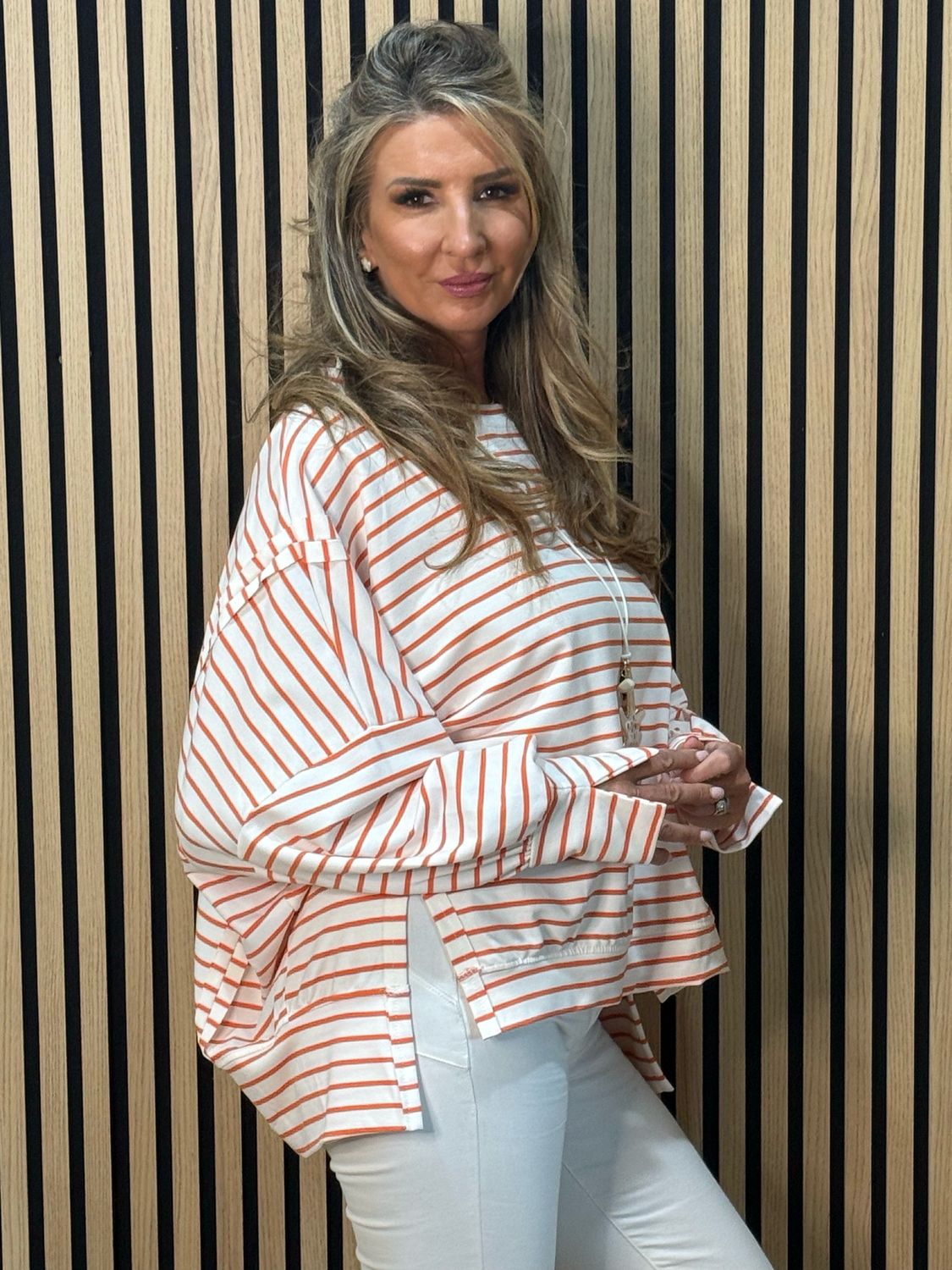 Oversized Cotton Stripe Top - White/Orange