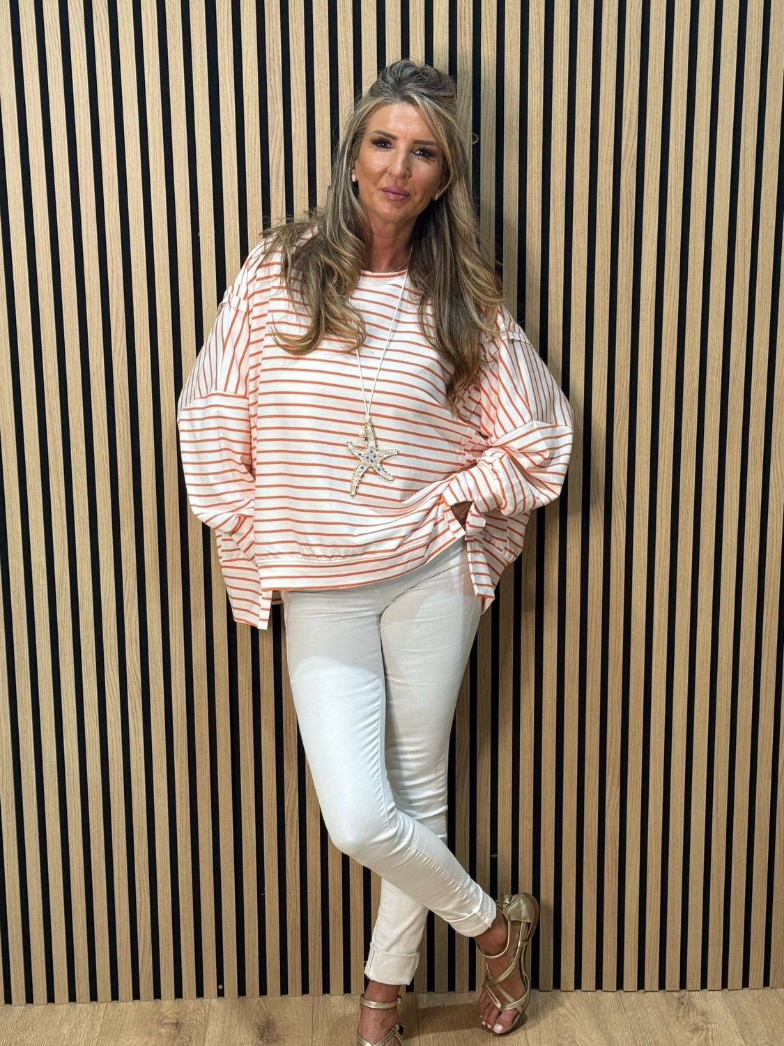 Oversized Cotton Stripe Top - White/Orange