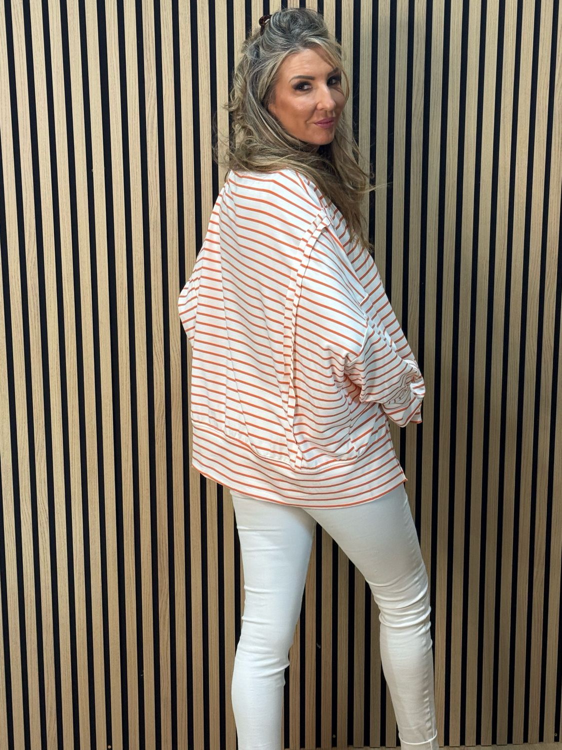 Oversized Cotton Stripe Top - White/Orange
