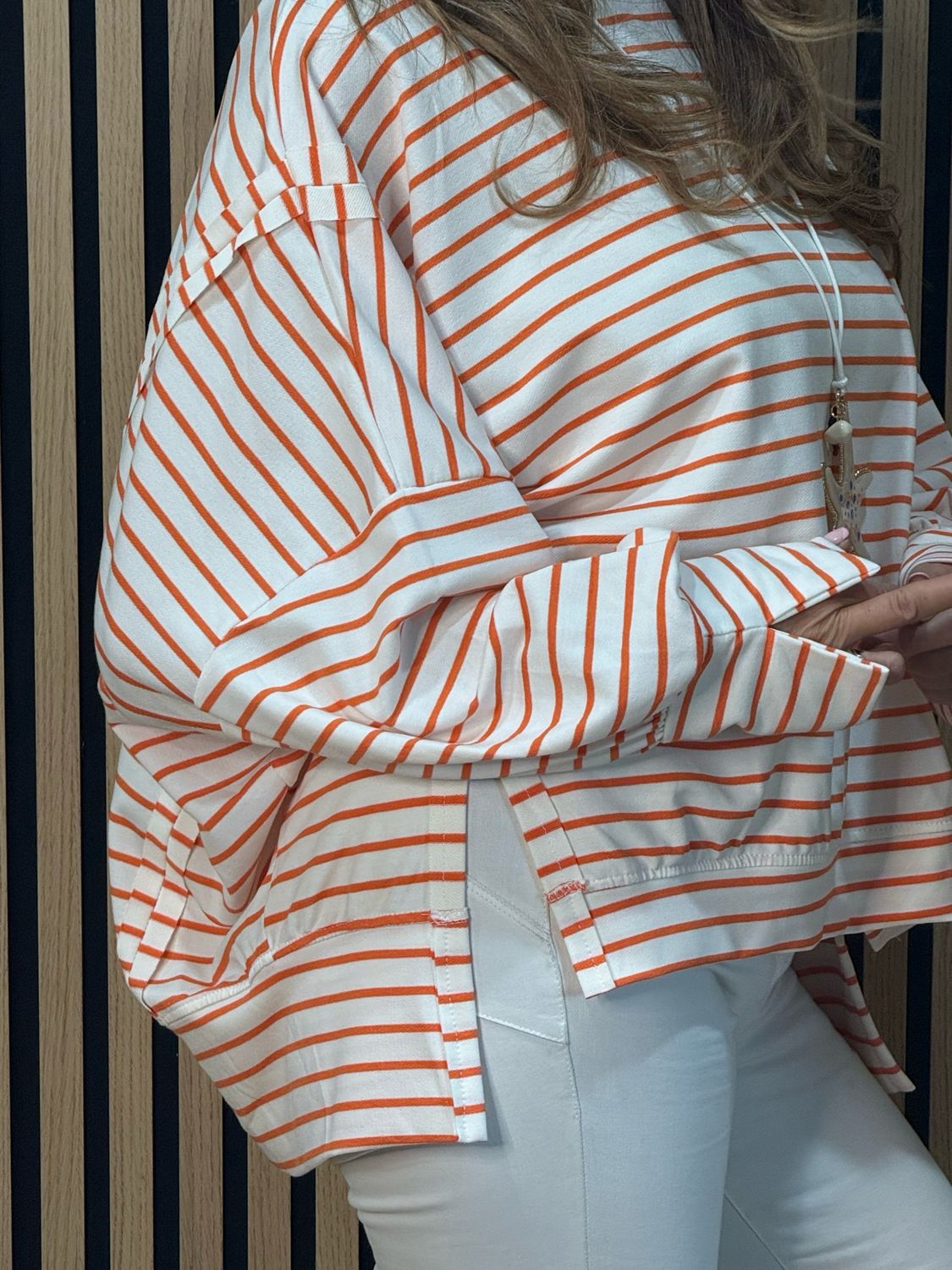 Oversized Cotton Stripe Top - White/Orange