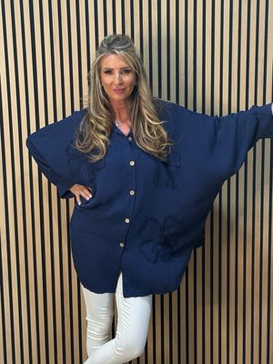 Oversized Floral Shirt Dress - Navy