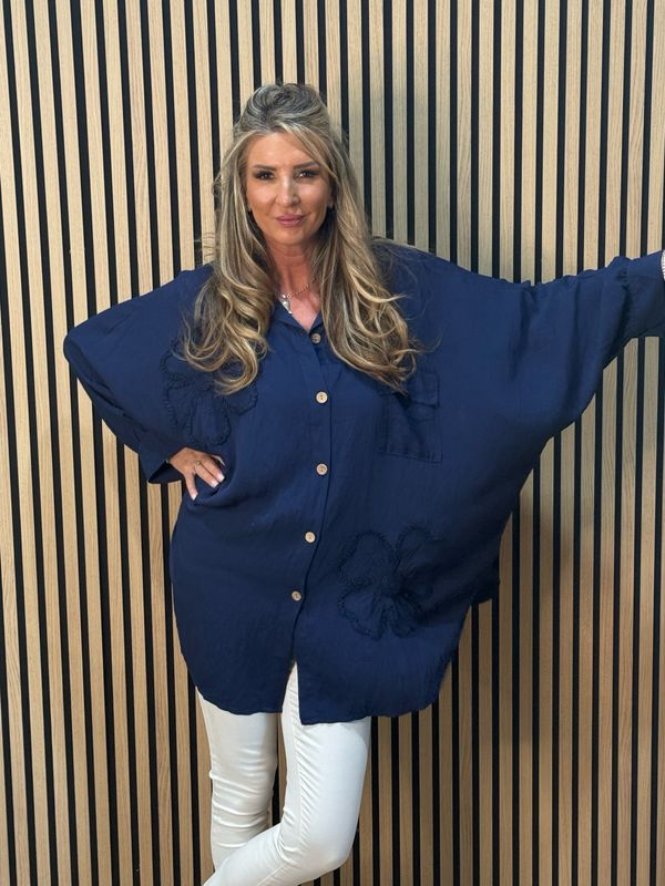 Oversized Floral Shirt Dress - Navy