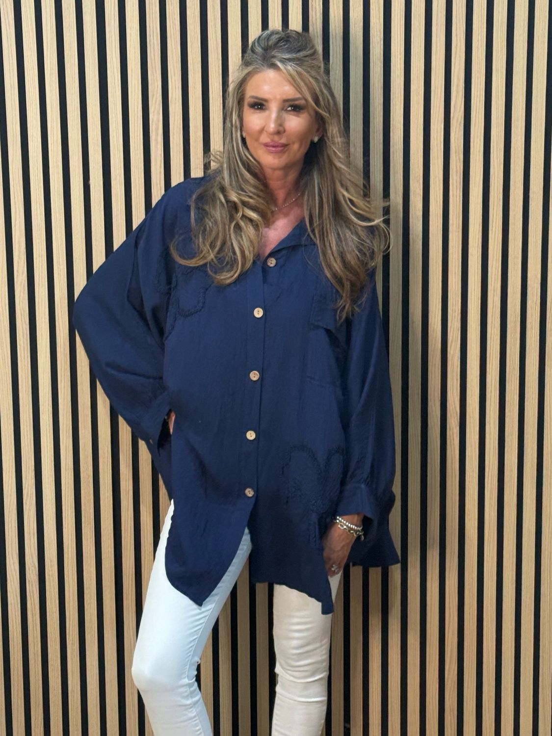 Oversized Floral Shirt Dress - Navy