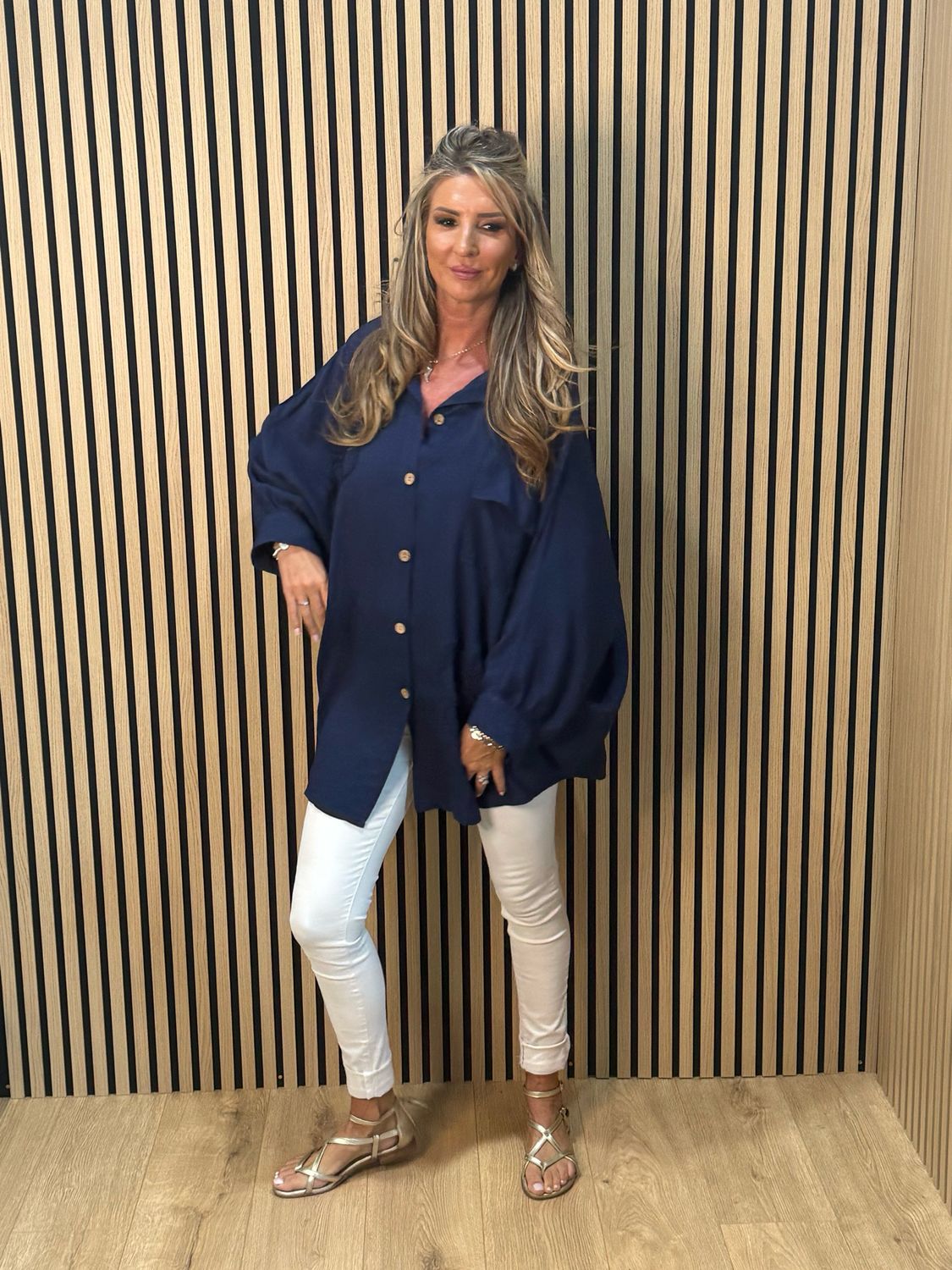 Oversized Floral Shirt Dress - Navy