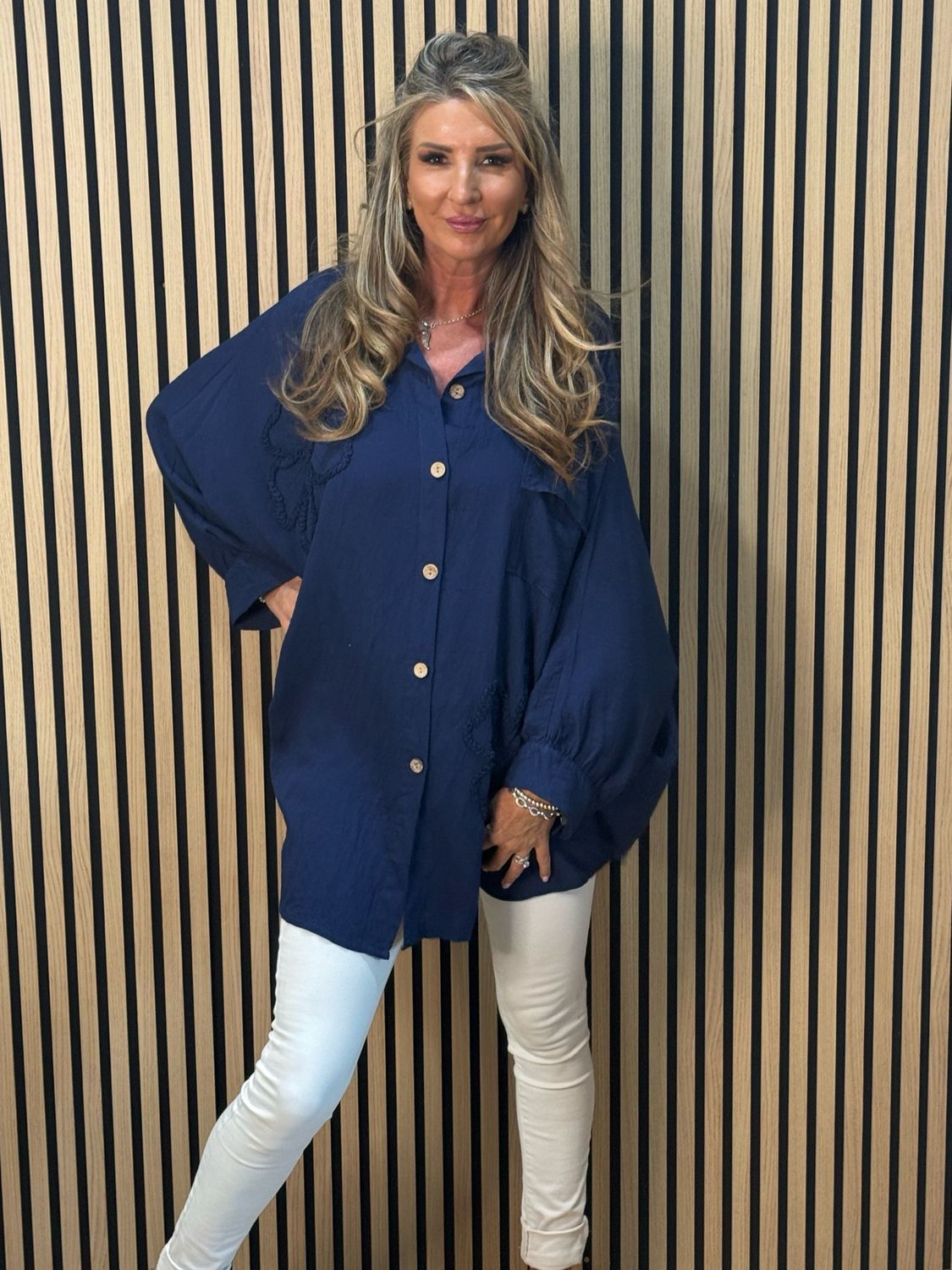 Oversized Floral Shirt Dress - Navy