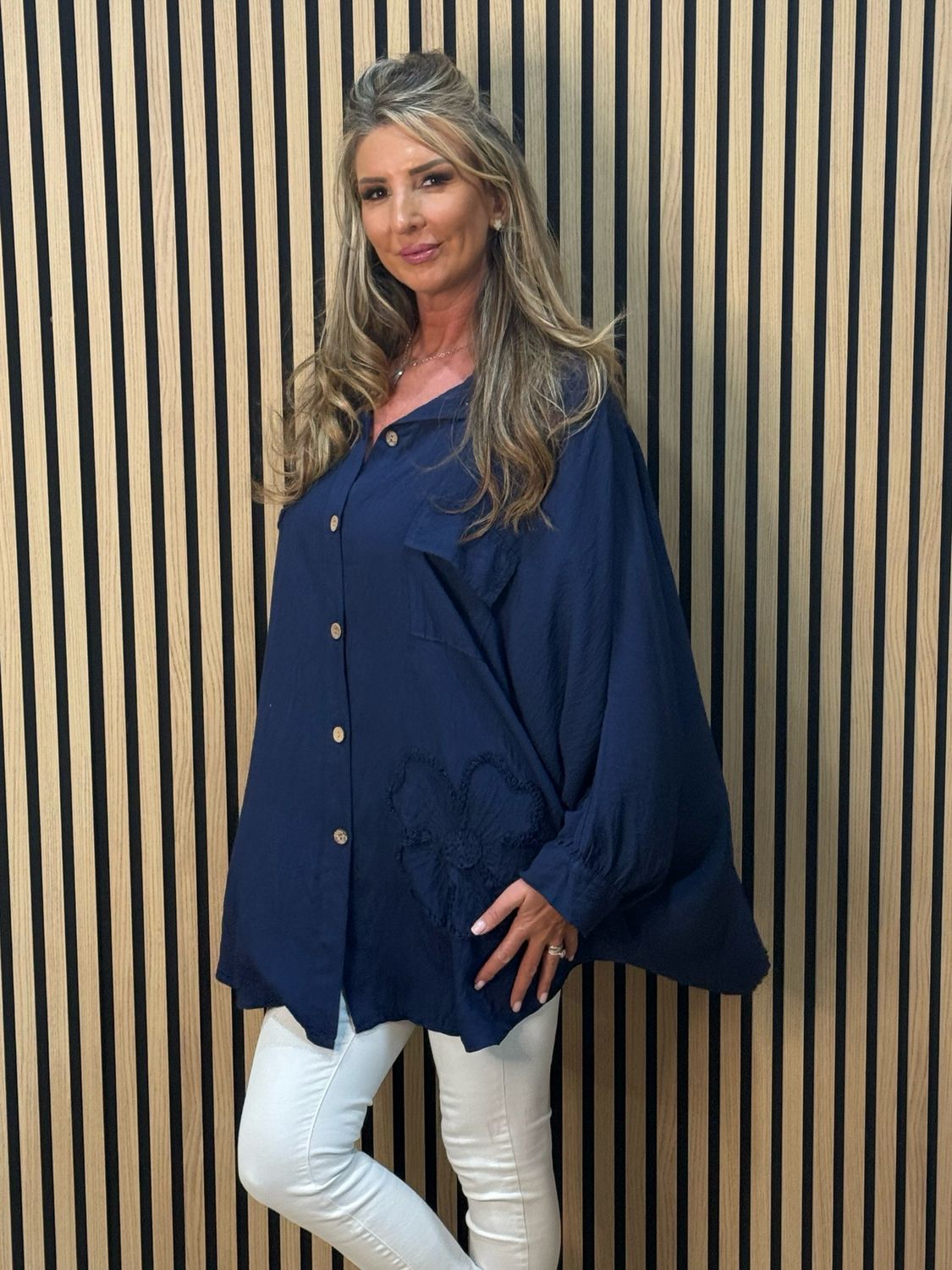 Oversized Floral Shirt Dress - Navy