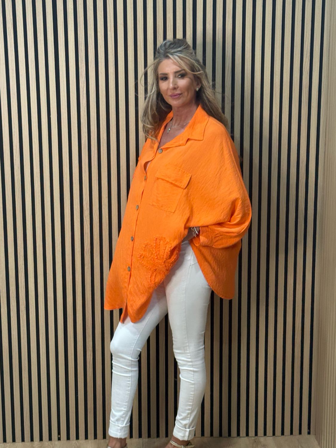 Oversized Floral Shirt Dress - Orange