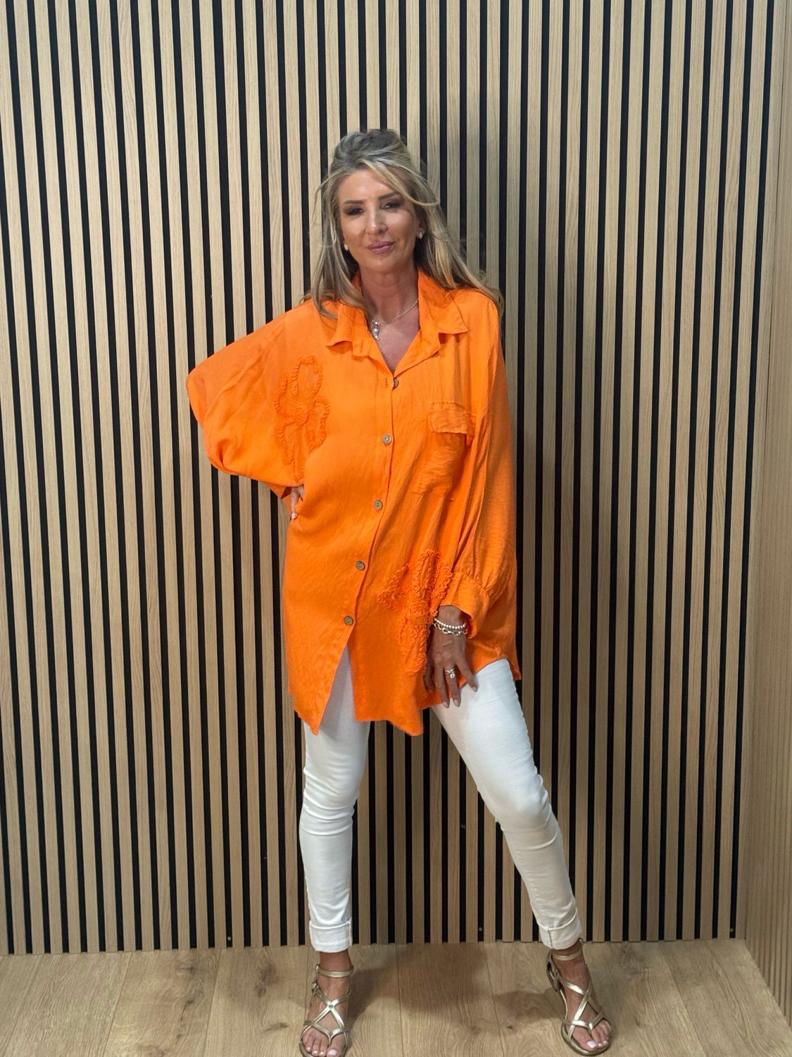 Oversized Floral Shirt Dress - Orange