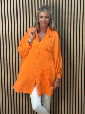 Oversized Floral Shirt Dress - Orange