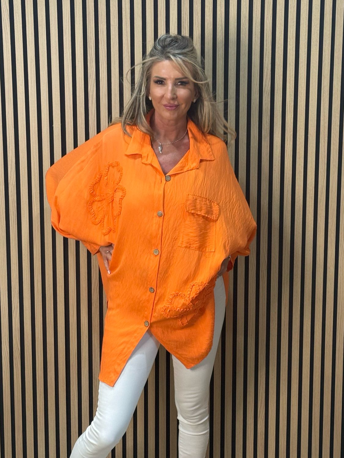 Oversized Floral Shirt Dress - Orange