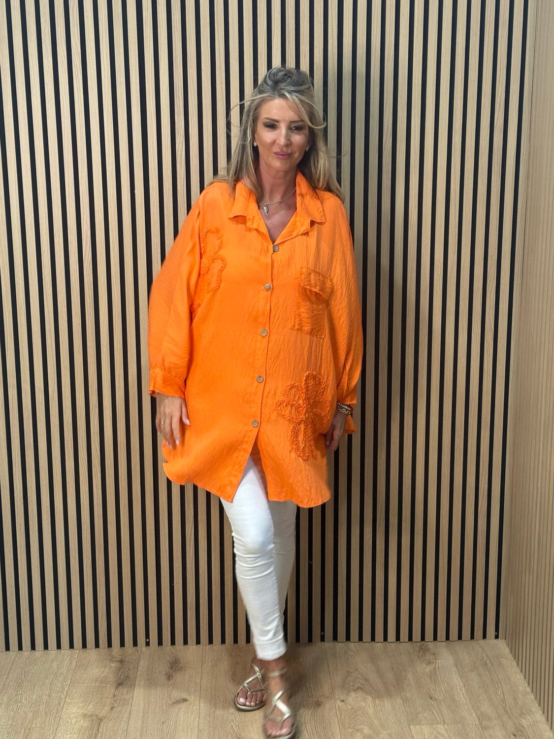 Oversized Floral Shirt Dress - Orange