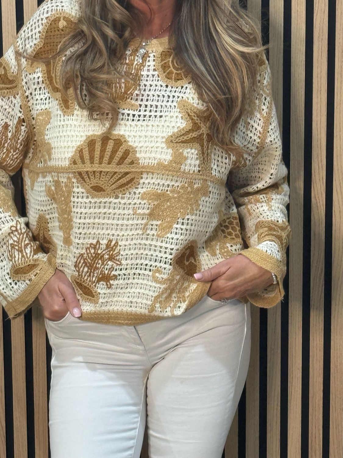 Coastal Cotton Crochet Jumper - Taupe/Beige