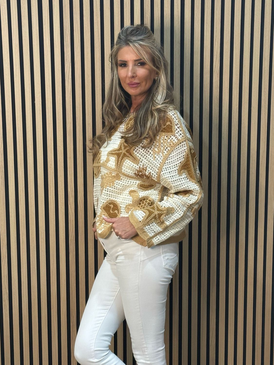 Coastal Cotton Crochet Jumper - Taupe/Beige