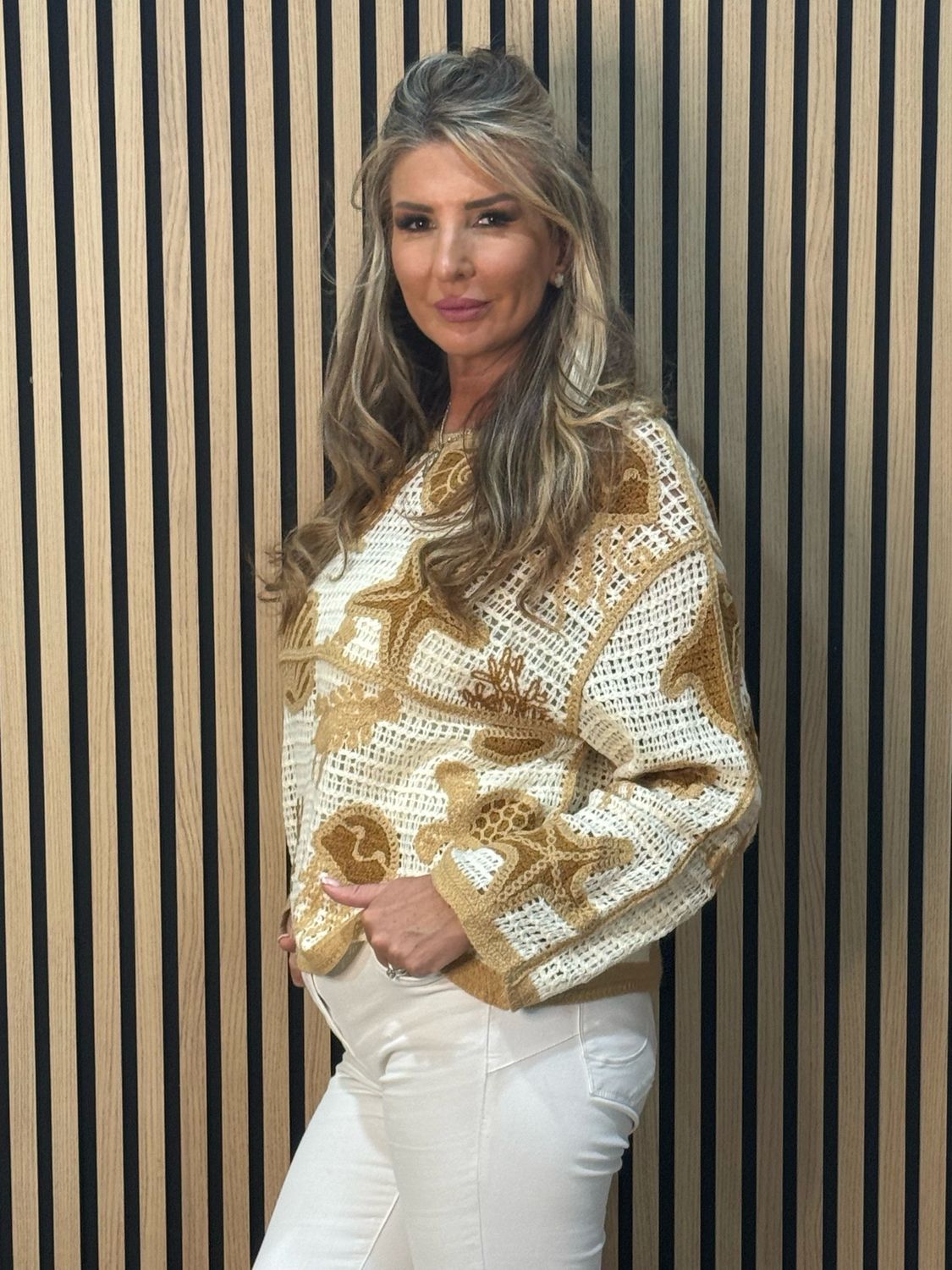 Coastal Cotton Crochet Jumper - Taupe/Beige