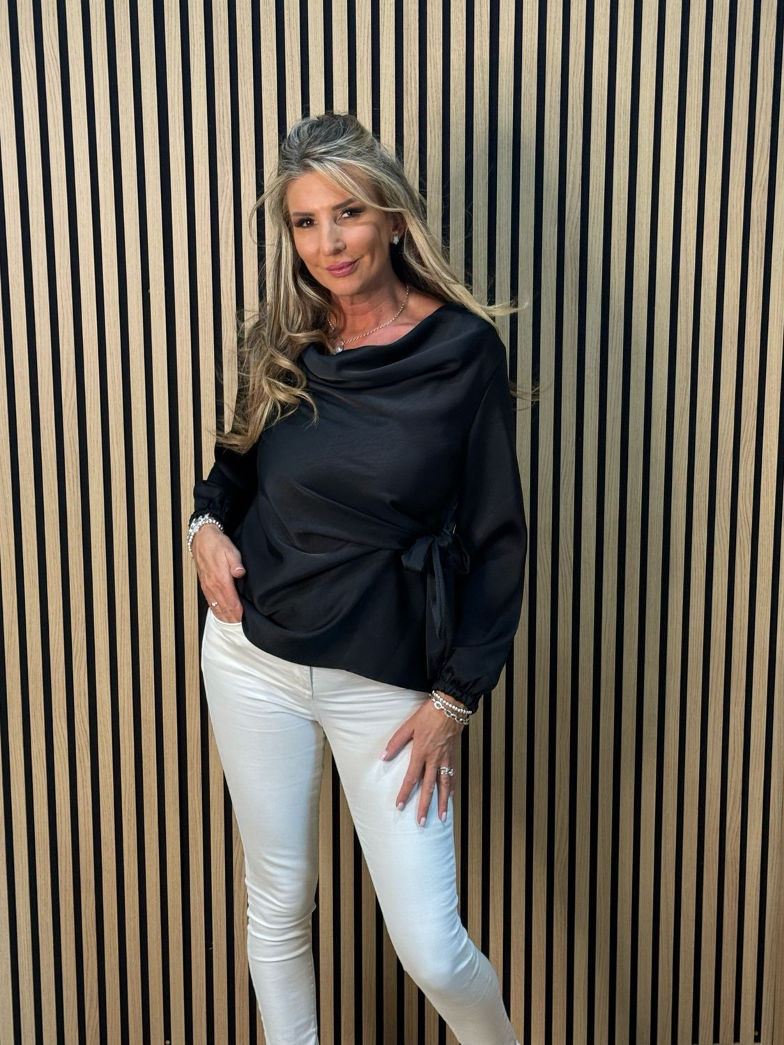 Satin Tie Blouse - Black