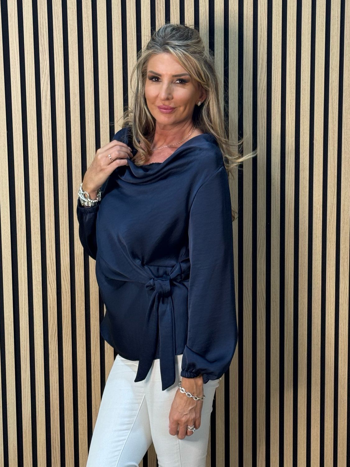 Satin Tie Blouse - Navy