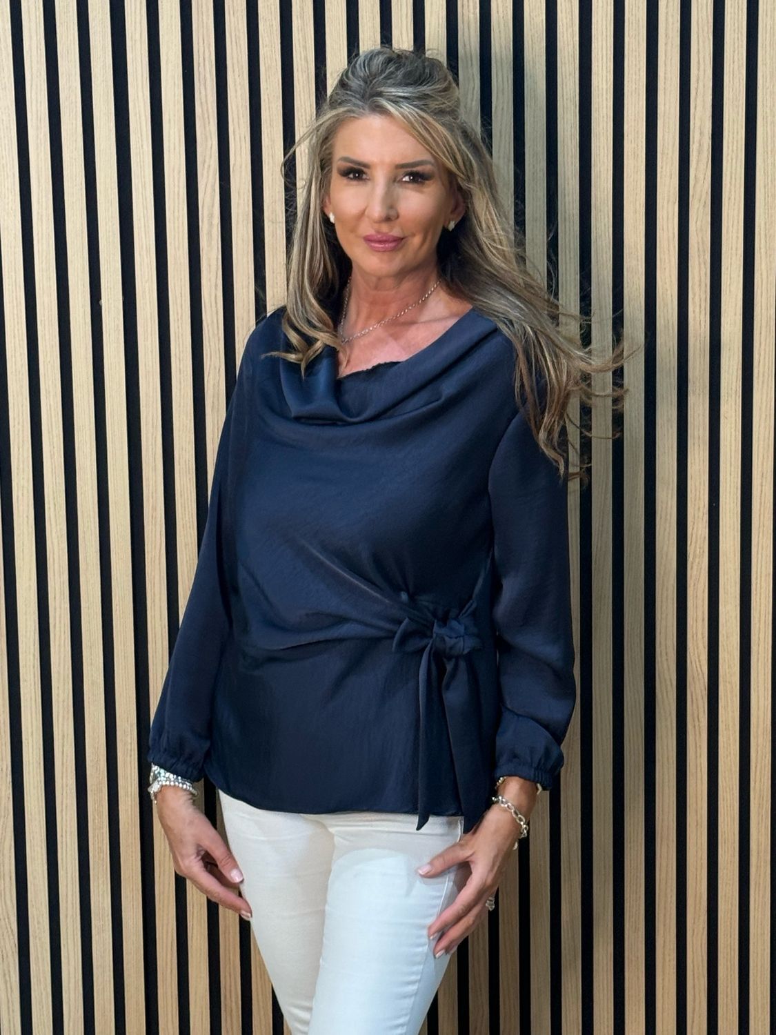 Satin Tie Blouse - Navy